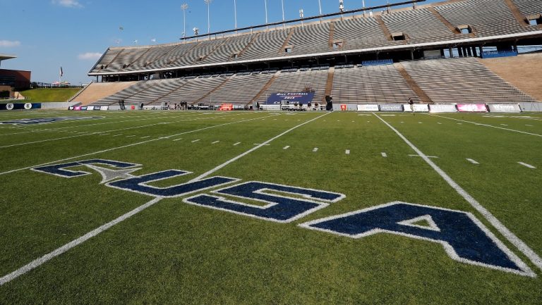 Rice Stadium and the conference USA name is seen in a general stadium view before an NCAA football game on Friday, Sept. 6, 2019 in Houston. (AP Photo/Matt Patterson)