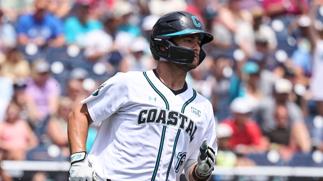 Coastal Carolina first baseman Colby Thorndyke (16) runs to first base during an NCAA College World Series baseball game on Friday, June 13, 2025 in Omaha, Neb.