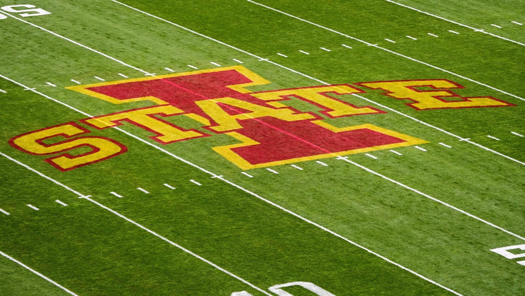 The Iowa State logo is displayed on the field before an NCAA college football game against West Virginia, Saturday, Nov. 5, 2022, in Ames, Iowa.