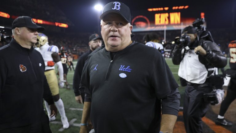 UCLA coach Chip Kelly walks off the field following the team's NCAA college football game against Oregon State, Oct. 14, 2023, in Corvallis, Ore.