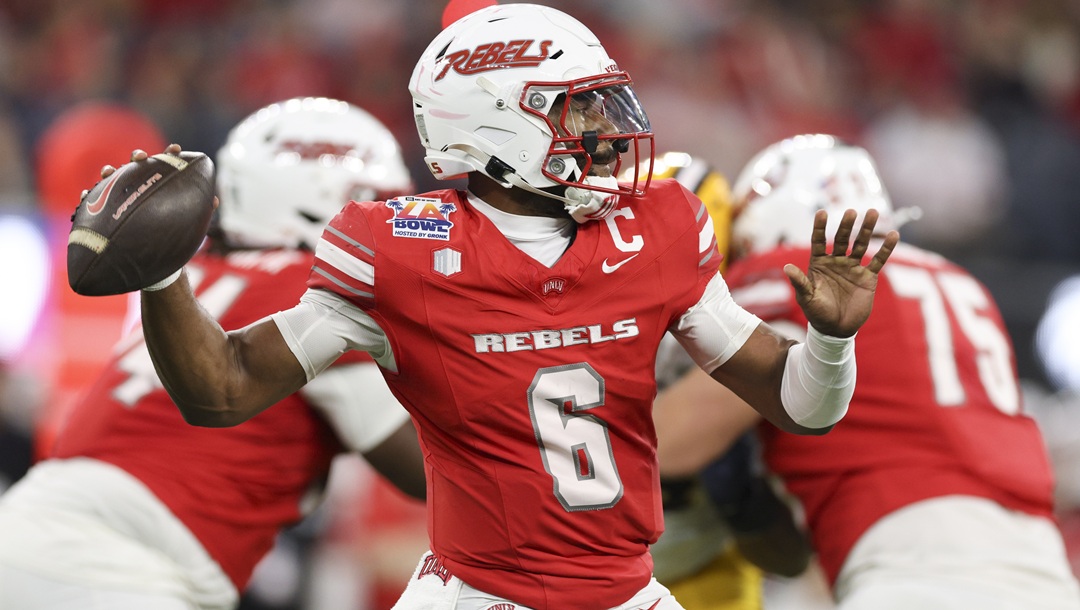 UNLV quarterback Hajj-Malik Williams throw during the first half of the LA Bowl NCAA college football game against California Wednesday, Dec. 18, 2024, in Inglewood, Calif.
