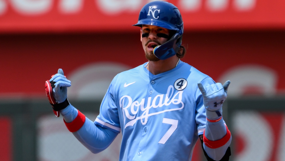 Kansas City Royals' Bobby Witt Jr. celebrates a double against the Detroit Tigers during the fifth inning of a baseball game in Kansas City, Mo., Sunday, June 1, 2025.