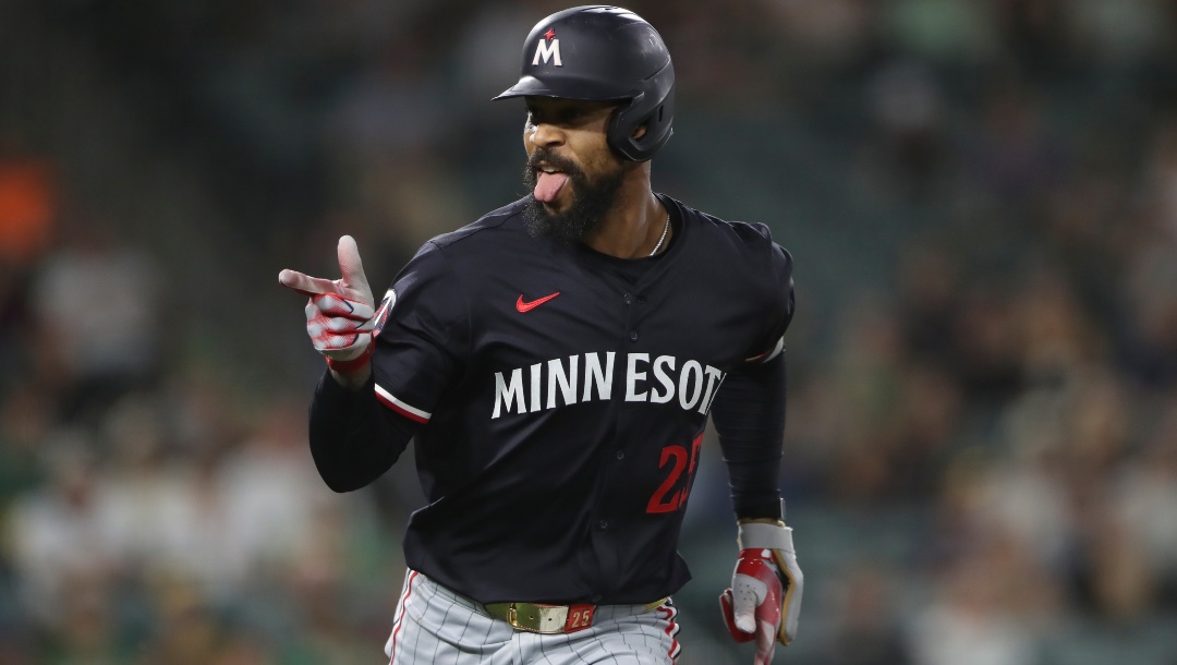 Minnesota Twins' Byron Buxton celebrates towards the dugout after hitting a single that scores two runs against the Athletics during the sixth inning of a baseball game Tuesday, June 3, 2025, in West Sacramento, Calif.