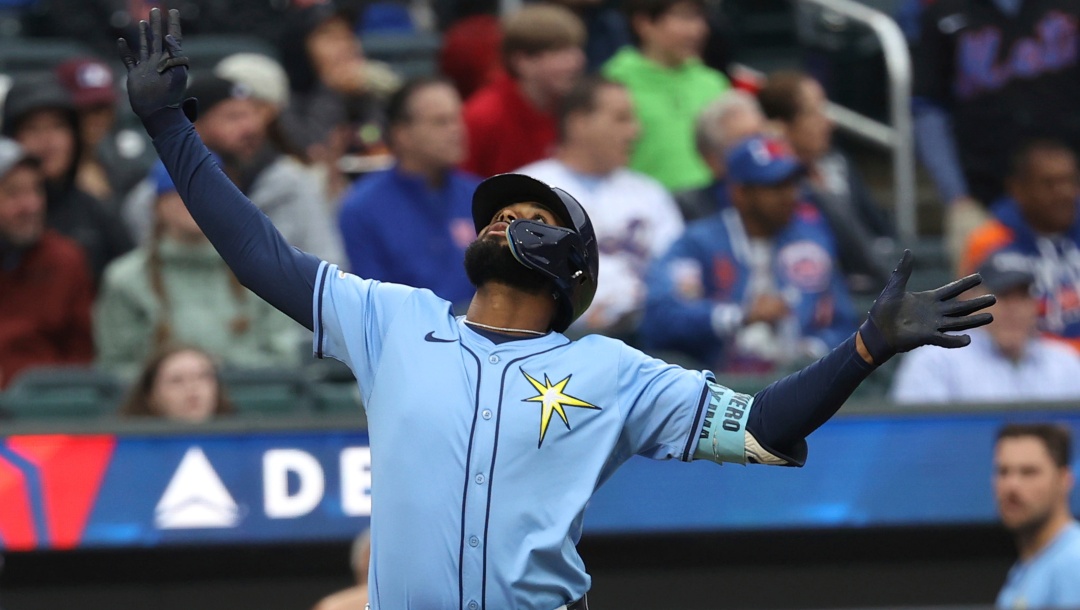 Tampa Bay Rays' Junior Caminero reacts after hitting a home run during the fourth inning of a baseball game against the New York Mets Saturday, June 14, 2025, in New York.