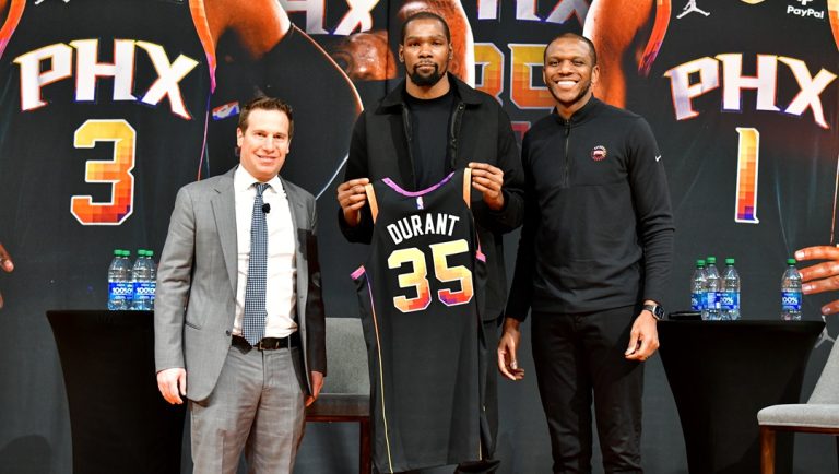 PHOENIX, AZ - FEBRUARY 16: Kevin Durant #35 of the Phoenix Suns is introduced to the Phoenix Suns during a press conference on February 16, 2022 at Footprint Center in Phoenix, Arizona.