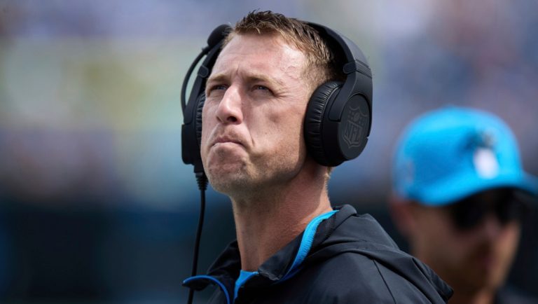 Carolina Panthers offensive coordinator Brad Idzik looks up at the video board during an NFL Football game against the Los Angeles Chargers, Sunday, Sep. 15, 2024, in Charlotte, N.C. The Chargers defeated the Panthers 26-3.