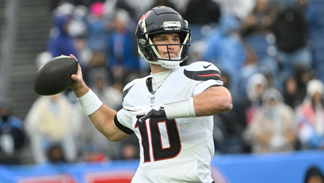 Houston Texans quarterback Davis Mills (10) throws a pass against the Tennessee Titans during the first half of an NFL football game Sunday, Jan. 5, 2025, in Nashville, Tenn.