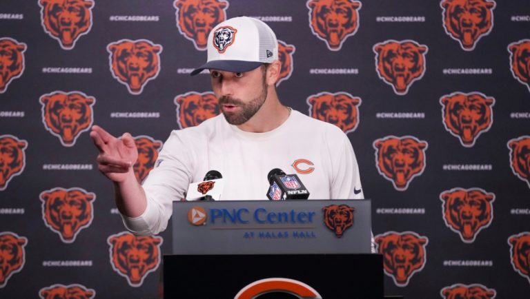 Chicago Bears offensive coordinator Declan Doyle talks to media members at a news conference after the NFL football team's rookie camp in Lake Forest, Ill., Saturday, May 10, 2025.