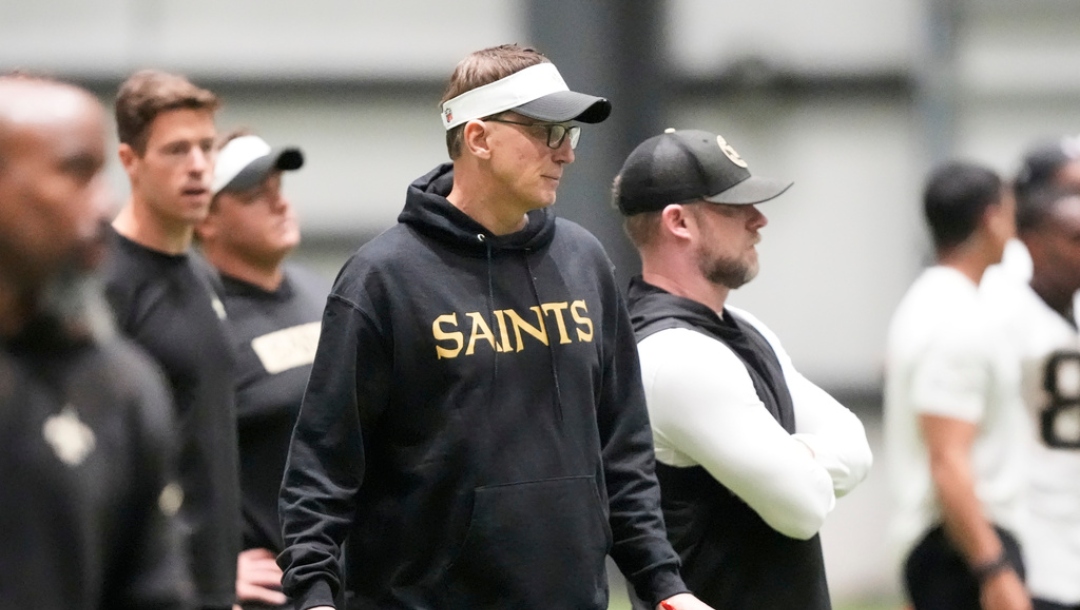 New Orleans Saints offensive coordinator Doug Nussmeier watches drills during the NFL football team's rookie minicamp in Metairie, La., Saturday, May 10, 2025.