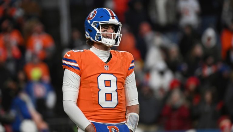 Denver Broncos quarterback Jarrett Stidham (8) in the second half of an NFL football game against the Kansas City Chiefs Sunday, Jan. 5, 2025, in Denver.