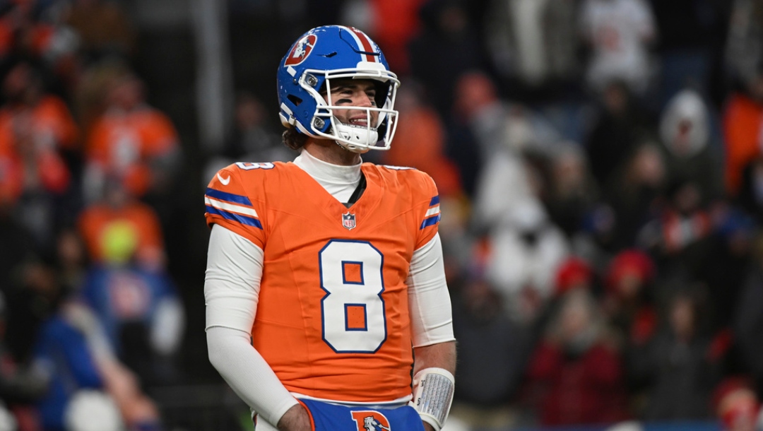Denver Broncos quarterback Jarrett Stidham (8) in the second half of an NFL football game against the Kansas City Chiefs Sunday, Jan. 5, 2025, in Denver.