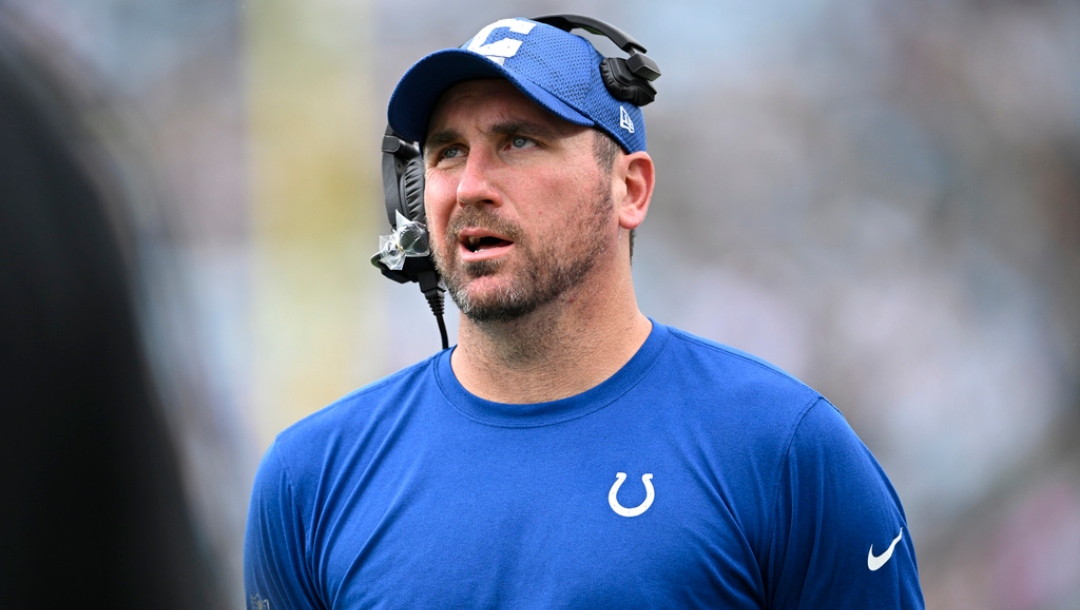 Indianapolis Colts offensive coordinator Jim Bob Cooter looks on from the sideline against the Jacksonville Jaguars during the second half of an NFL football game, Sunday, Oct. 6, 2024, in Jacksonville, Fla.