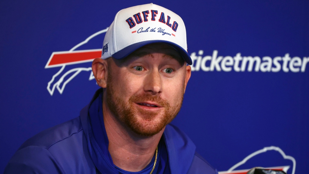 Buffalo Bills offensive coordinator Joe Brady addresses the media before NFL football practice in Orchard Park, N.Y., Tuesday, June 3, 2025.