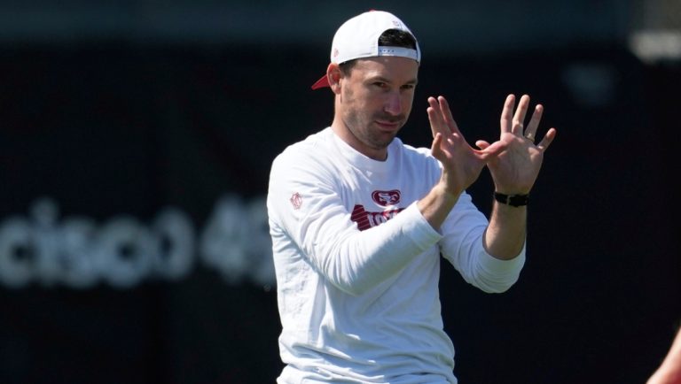 San Francisco 49ers offensive coordinator Klay Kubiak gestures during practice at NFL football minicamp Tuesday, June 10, 2025, in Santa Clara, Calif.