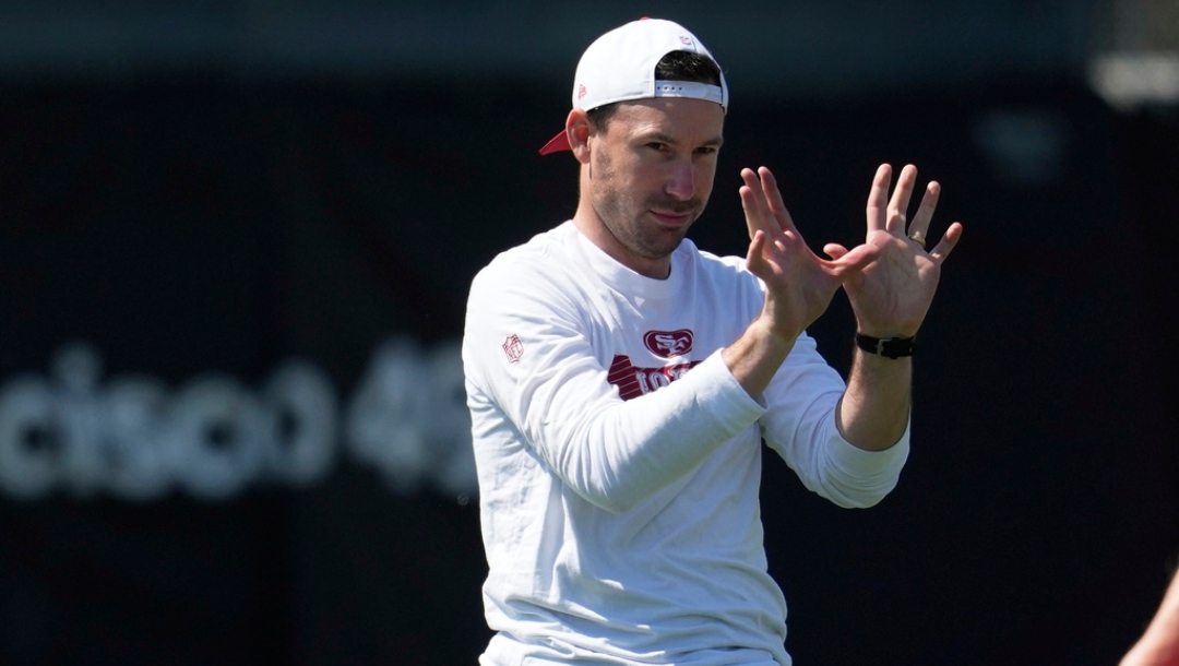 San Francisco 49ers offensive coordinator Klay Kubiak gestures during practice at NFL football minicamp Tuesday, June 10, 2025, in Santa Clara, Calif.