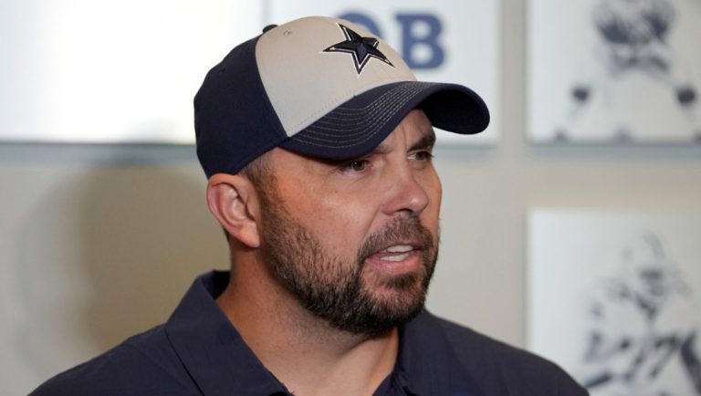 Dallas Cowboys offensive coordinator Klayton Adams responds to questions during an NFL football news conference at the team's headquarters in Frisco, Texas, Tuesday, Feb. 18, 2025.