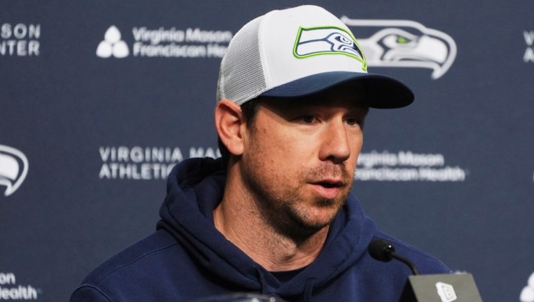 Seattle Seahawks offensive coordinator Klint Kubiak speaks during an introductory news conference for quarterback Sam Darnold, Thursday, March 13, 2025, at the NFL football team's facilities in Renton, Wash.