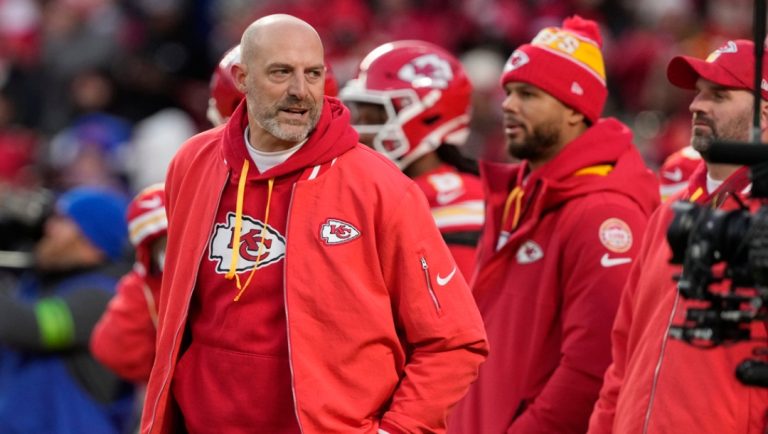 Kansas City Chiefs offensive coordination Matt Nagy watches players during warm ups prior to an AFC Championship NFL football game against the Buffalo Bills Sunday, Jan. 26, 2025, in Kansas City, Mo.
