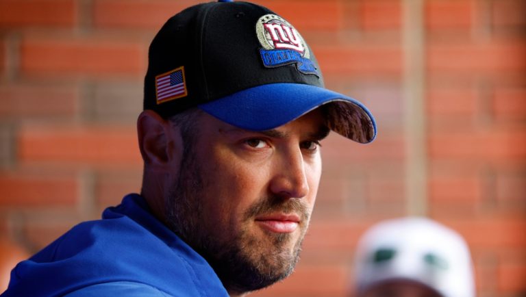 New York Giants offensive coordinator Mike Kafka talks to reporters before NFL football practice in East Rutherford, N.J., Thursday, June 5, 2025.