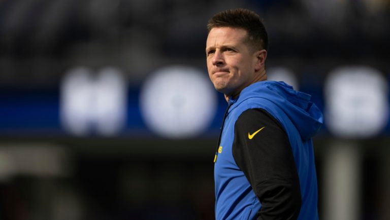 Los Angeles Rams offensive coordinator Mike LaFleur walks on the field before an NFL football game against the Seattle Seahawks, Sunday, Jan. 5, 2025, in Inglewood, Calif.