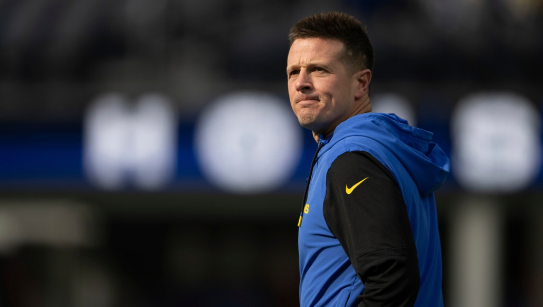 Los Angeles Rams offensive coordinator Mike LaFleur walks on the field before an NFL football game against the Seattle Seahawks, Sunday, Jan. 5, 2025, in Inglewood, Calif.