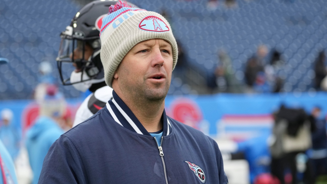 Tennessee Titans offensive coordinator Nick Holz walks the field before an NFL football game against the Houston Texans, Sunday, Jan. 5, 2025, in Nashville, Tenn.