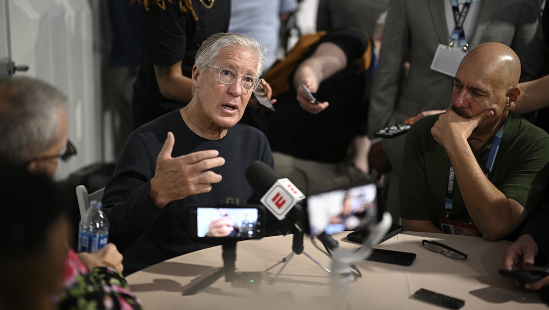 Las Vegas Raiders head coach Pete Carroll, seated center, meets with reporters during a media availability at the 2025 NFL annual meetings, Monday, March 31, 2025, in Palm Beach, Fla.
