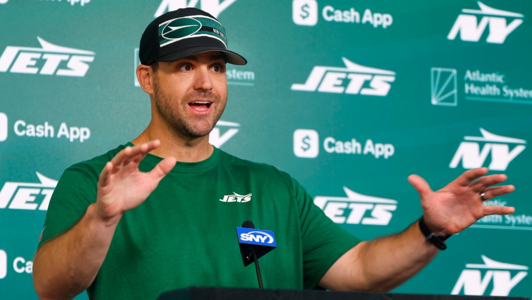New York Jets offensive coordinator Tanner Engstrand answers questions from media at NFL minicamp football, Wednesday, June 11, 2025, in Florham Park,N.J.