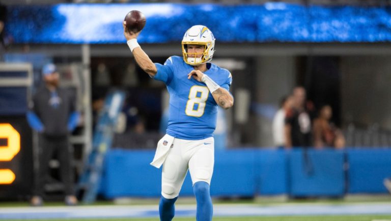 Los Angeles Chargers quarterback Taylor Heinicke (8) throws a pass before an NFL football game against the Cincinnati Bengals, Sunday, Nov. 17, 2024, in Inglewood, Calif.