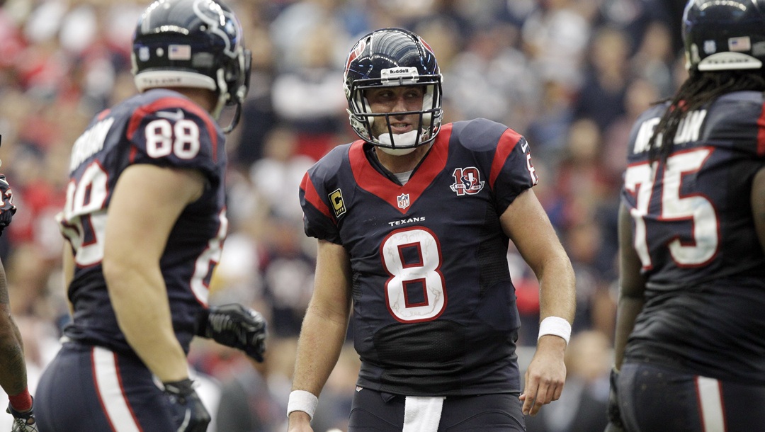 Houston Texans quarterback Matt Schaub (8) sets up between plays during the fourth quarter of an NFL football game against the Jacksonville Jaguars Sunday, Nov. 18, 2012, in Houston.