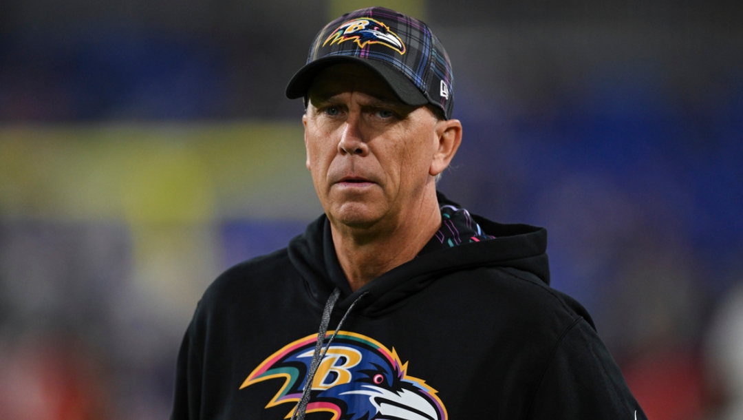 Baltimore Ravens offensive coordinator Todd Monken looks on during pre-game warm-ups before an NFL football game against the Buffalo Bills, Sunday, Sept. 29, 2024, in Baltimore.