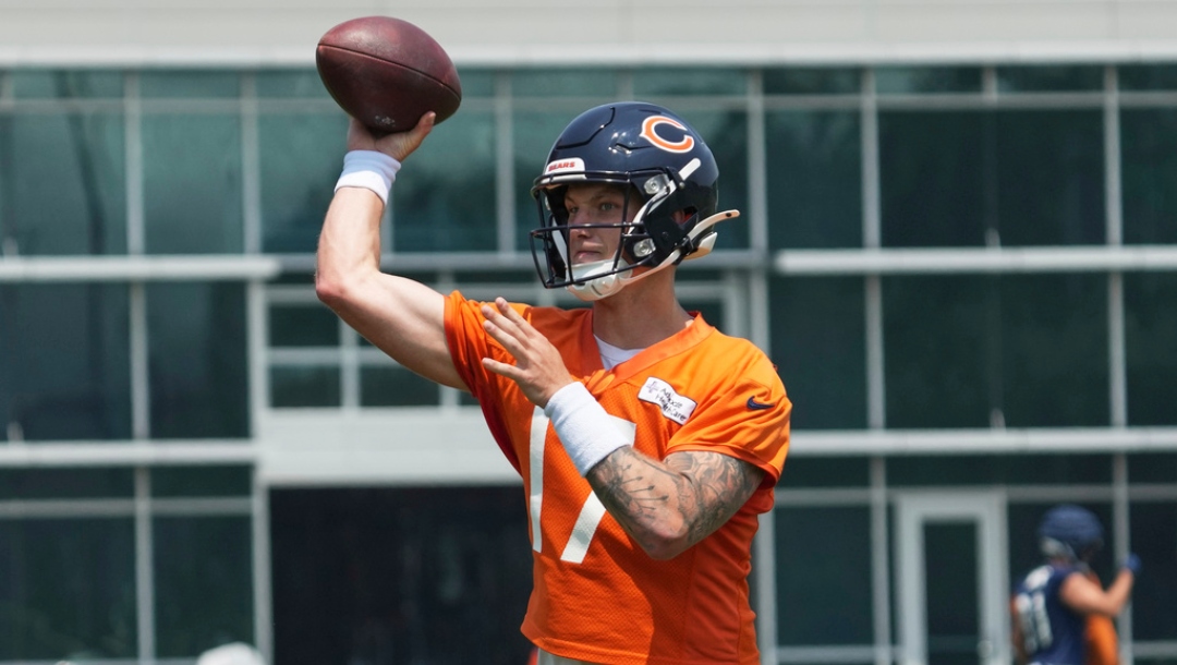 Chicago Bears quarterback Tyson Bagent throws a ball during NFL football practice at Halas Hall in Lake Forest, Ill., Thursday, June 5, 2025.