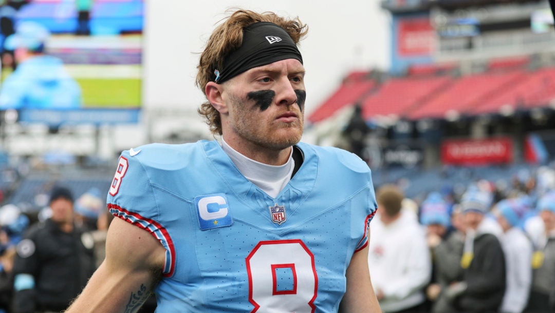 Tennessee Titans quarterback Will Levis (8) walks off the field prior to an NFL football game against the Houston Texans, Jan. 5, 2025, in Nashville, Tenn.
