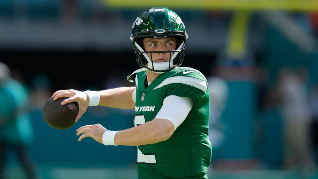 FILE - New York Jets quarterback Zach Wilson (2) warms up before an NFL football game against the Miami Dolphins, Dec. 17, 2023, in Miami Gardens, Fla.