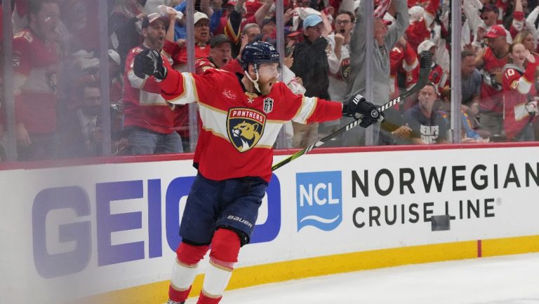 Florida Panthers center Sam Bennett (9) celebrates after scoring a goal during the second period of Game 3 of the NHL Stanley Cup final against the Edmonton Oilers Monday, June 9, 2025, in Sunrise, Fla.