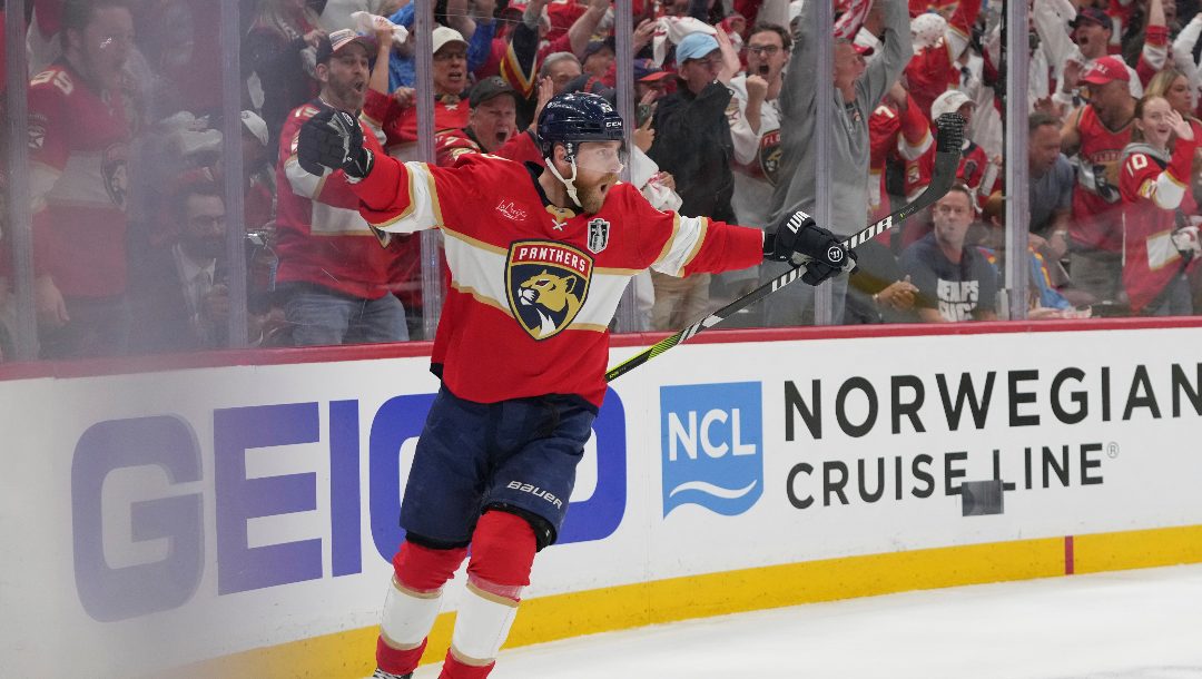 Florida Panthers center Sam Bennett (9) celebrates after scoring a goal during the second period of Game 3 of the NHL Stanley Cup final against the Edmonton Oilers Monday, June 9, 2025, in Sunrise, Fla.