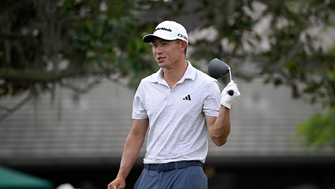 Collin Morikawa has a laugh before hitting his tee shot on the first hole during the final round of the Arnold Palmer Invitational at Bay Hill golf tournament, Sunday, March 9, 2025, in Orlando, Fla.