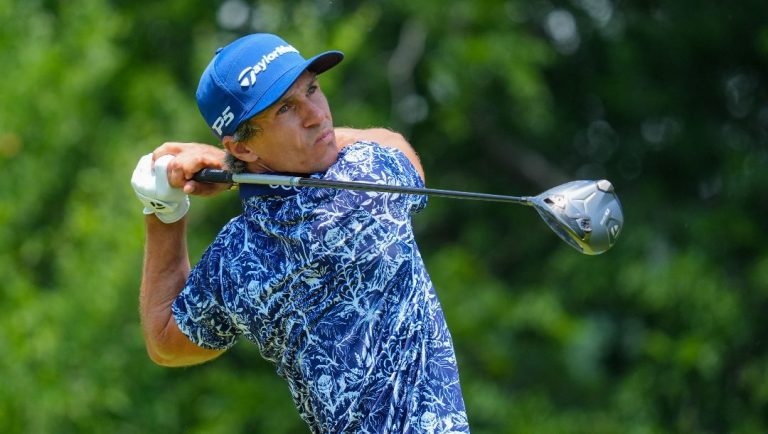 Thorbjorn Olesen hits off the ninth hole during the first round of the Charles Schwab Challenge golf tournament at Colonial Country Club in Fort Worth, Texas, Thursday, May 22, 2025.