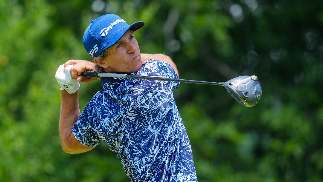 Thorbjorn Olesen hits off the ninth hole during the first round of the Charles Schwab Challenge golf tournament at Colonial Country Club in Fort Worth, Texas, Thursday, May 22, 2025.