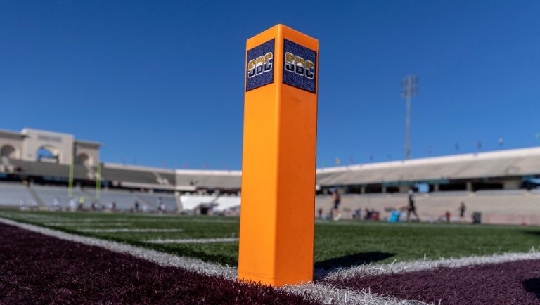 A pylon marked with Sun Belt Conference logo stands in the south end zone of Bobcat Stadium before an NCAA football game between Texas State and Louisiana Monroe on Saturday, Oct. 14, 2023, in San Marcos Texas. (AP Photo/Stephen Spillman)