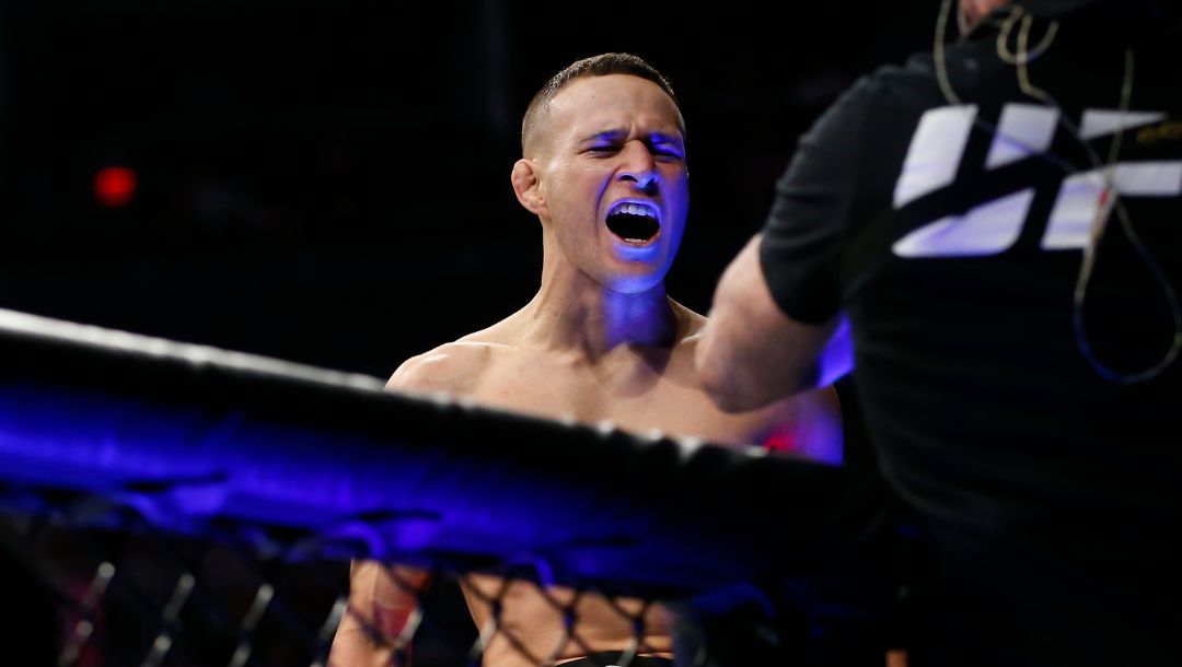 Kai Kara-France celebrates after defeating Cody Garbrandt in a flyweight mixed martial arts bout at UFC 269, Saturday.