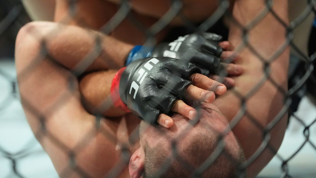 Niko Price, above, grapples with Alex Morono during the third round of a welterweight bout at the UFC 302 mixed martial arts.