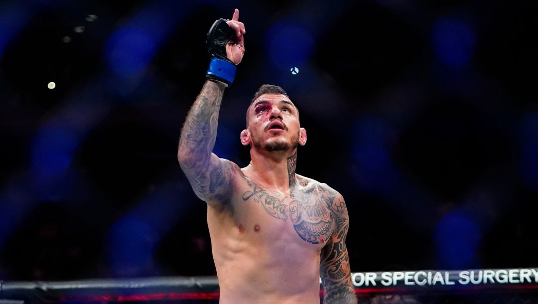 Brazil's Renato Moicano celebrates after a lightweight bout against New Zealand's Brad Riddell at the UFC 281 mixed martial arts.