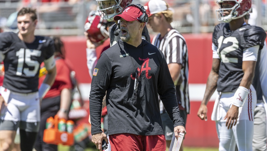 Alabama offensive coordinator Ryan Grubb works with his players during Alabama's A-Day NCAA college football practice and autograph session, Saturday, April 12, 2025, in Tuscaloosa, Ala.