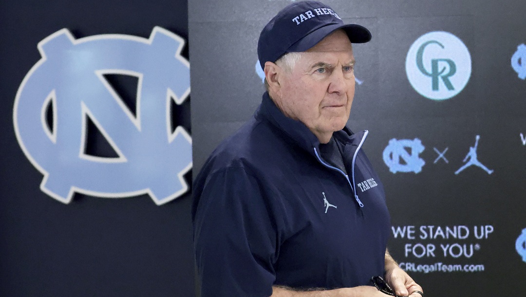 North Carolina coach Bill Belichick arrives for an NCAA college football press conference, March 5, 2025, in Chapel Hill, N.C.