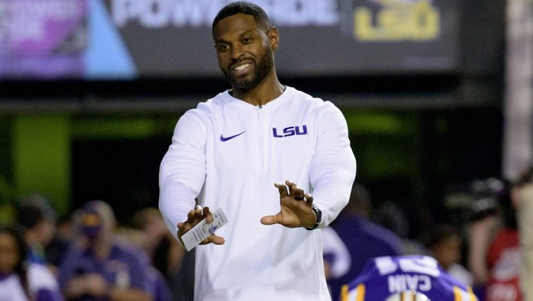 LSU passing game coordinator/wide receivers coach Cortez Hankton talks before an NCAA college football game against Georgia State in Baton Rouge, La., Saturday, Nov. 18, 2023.