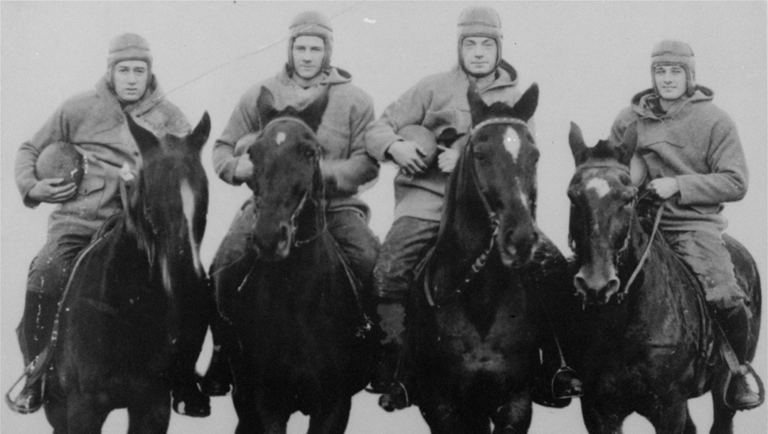 The Four Horsemen of Notre Dame on horseback. Left to right: Don Miller, Elmer Layden, Jim Crowley, and Harry Stuhldreher.