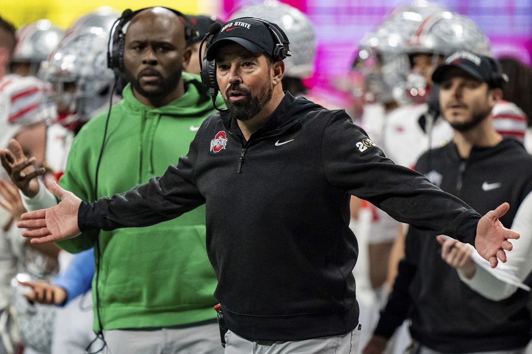 Ohio State head coach Ryan Day looks on during the College Football Playoff national championship game against Notre Dame Monday, Jan. 20, 2025, in Atlanta.
