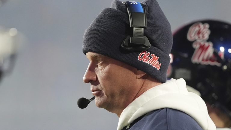 Mississippi head coach Lane Kiffin watches his team during their NCAA college football game against Mississippi State, Friday, Nov. 29, 2024, in Oxford, Miss. Mississippi won 26-14.