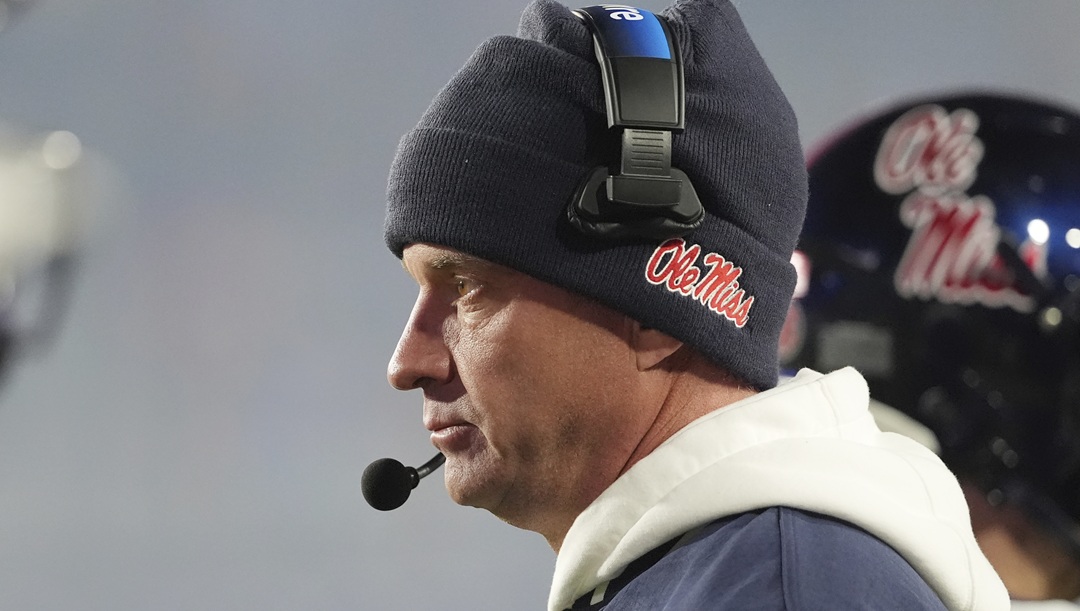 Mississippi head coach Lane Kiffin watches his team during their NCAA college football game against Mississippi State, Friday, Nov. 29, 2024, in Oxford, Miss. Mississippi won 26-14.